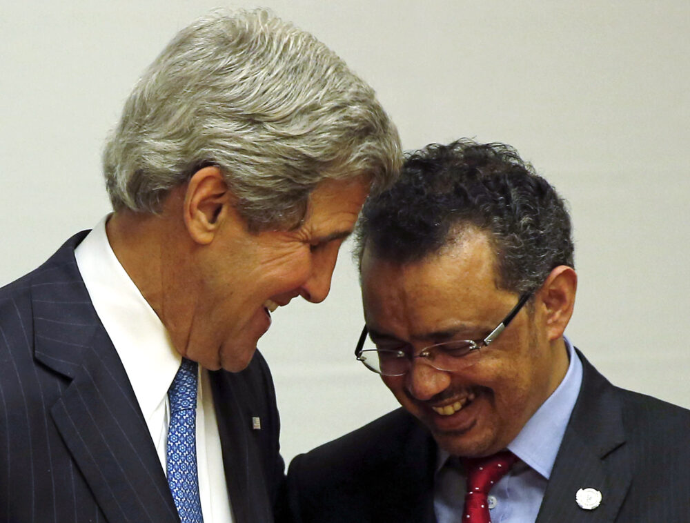 tedros and john kerry laughing