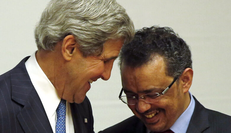 tedros and john kerry laughing