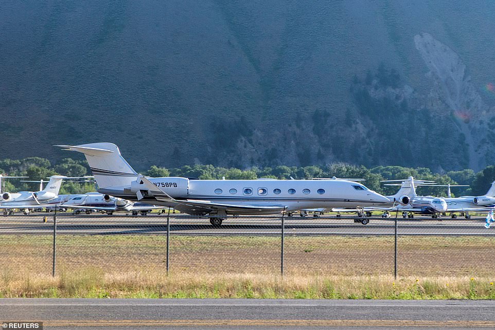 jeff bezos' gulfstream g650 could be seen arriving at idaho's friedman memorial airport on tuesday. bezos was spotted on thursday at the event with his girlfriend lauren sanchez